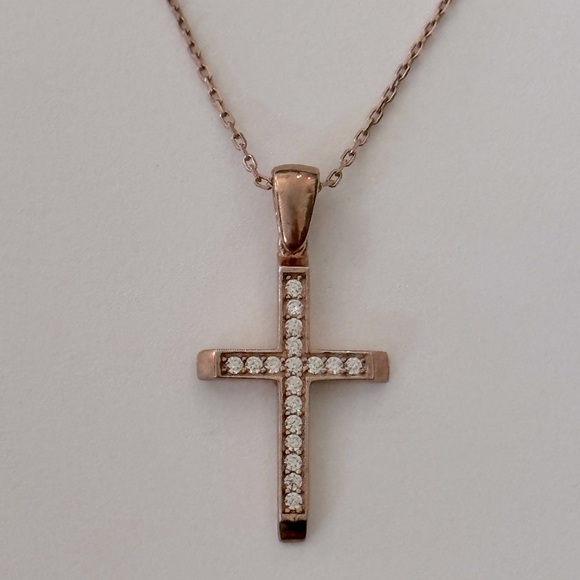 925 Silver cross necklace cz stones 14K rose gold plated - Picture 1 of 6